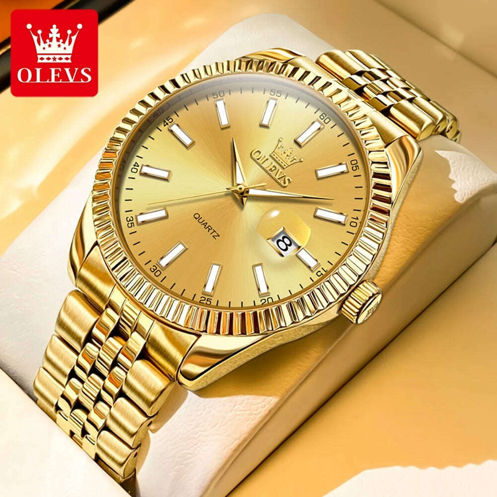 OLEVS Couple Watch Gold Stainless Steel Strap Quartz Watch His and Her Calendar Romantic Lover Original Luxury Male and Female - KIMLUD