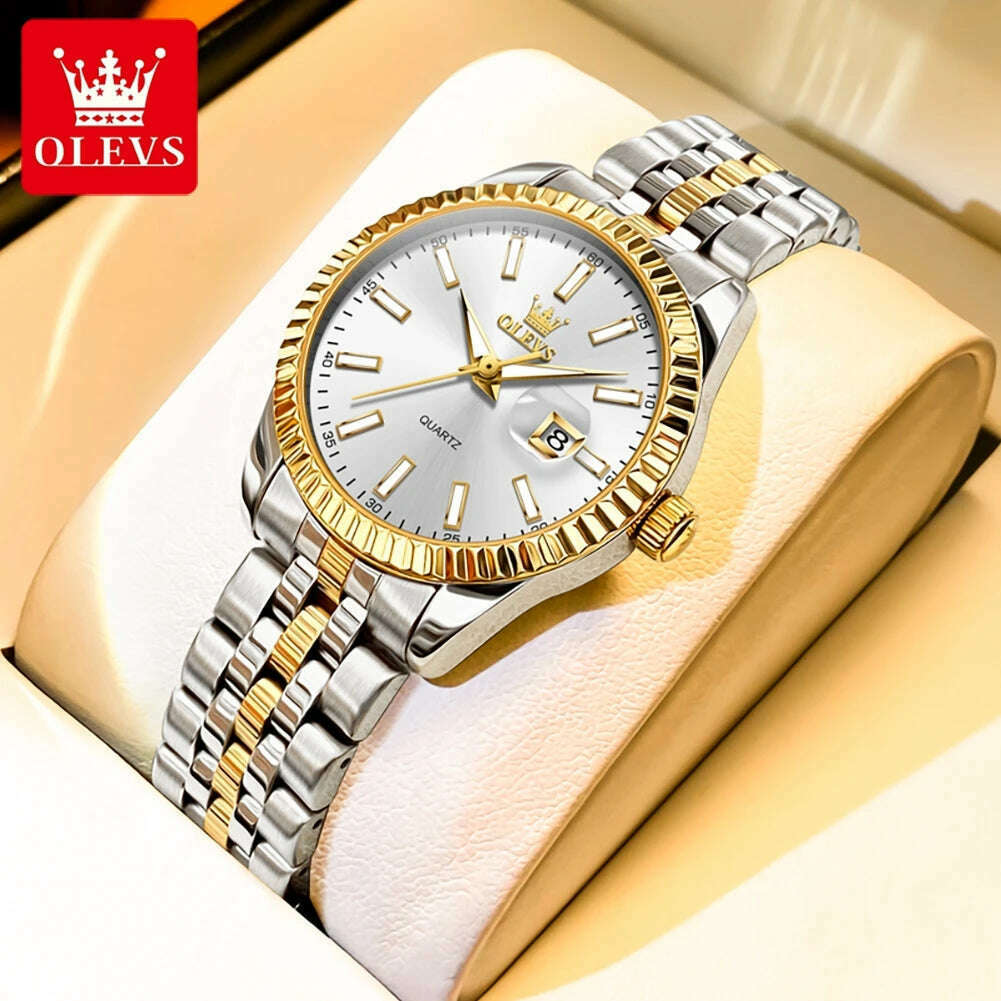 KIMLUD, OLEVS Couple Watch Gold Stainless Steel Strap Quartz Watch His and Her Calendar Romantic Lover Original Luxury Male and Female, W-white / CHINA, KIMLUD APPAREL - Womens Clothes