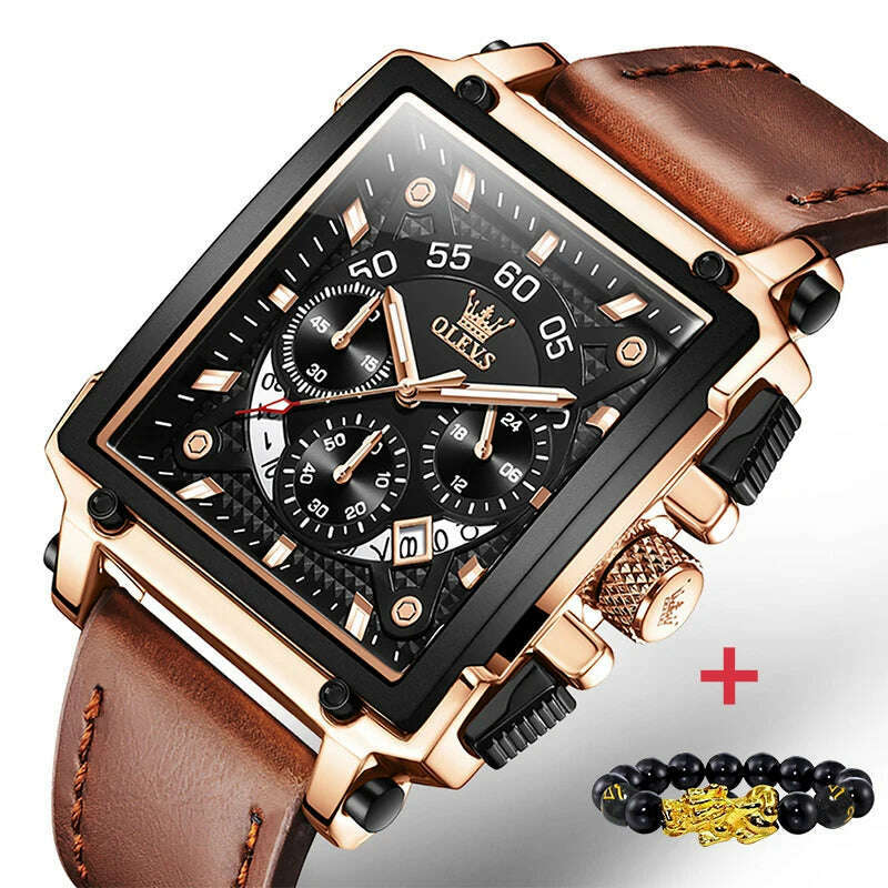 KIMLUD, OLEVS Original Watch for Men Top Brand Luxury Hollow Square Sport Watches Fashion Leather Strap Waterproof Quartz Wristwatch Hot, 9919 brown-gold / China, KIMLUD APPAREL - Womens Clothes