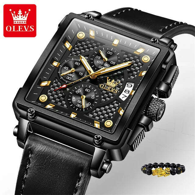 KIMLUD, OLEVS Original Watch for Men Top Brand Luxury Hollow Square Sport Watches Fashion Leather Strap Waterproof Quartz Wristwatch Hot, 9925 All Black / China, KIMLUD APPAREL - Womens Clothes