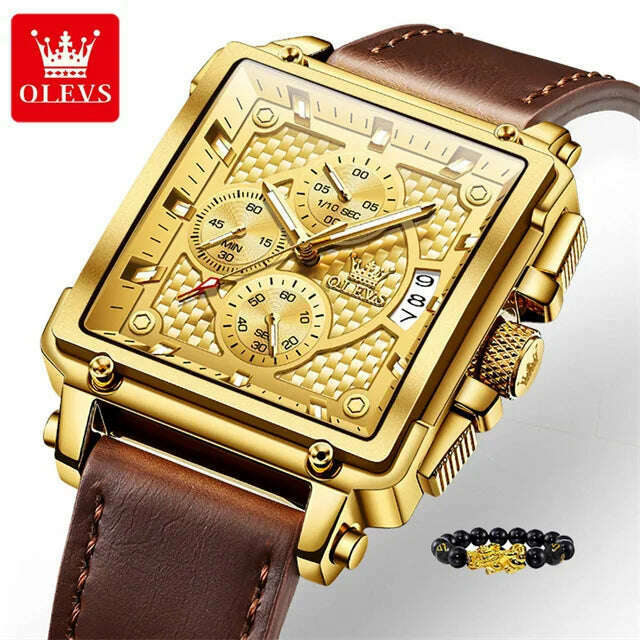 KIMLUD, OLEVS Original Watch for Men Top Brand Luxury Hollow Square Sport Watches Fashion Leather Strap Waterproof Quartz Wristwatch Hot, 9925 Brown Gold / China, KIMLUD APPAREL - Womens Clothes