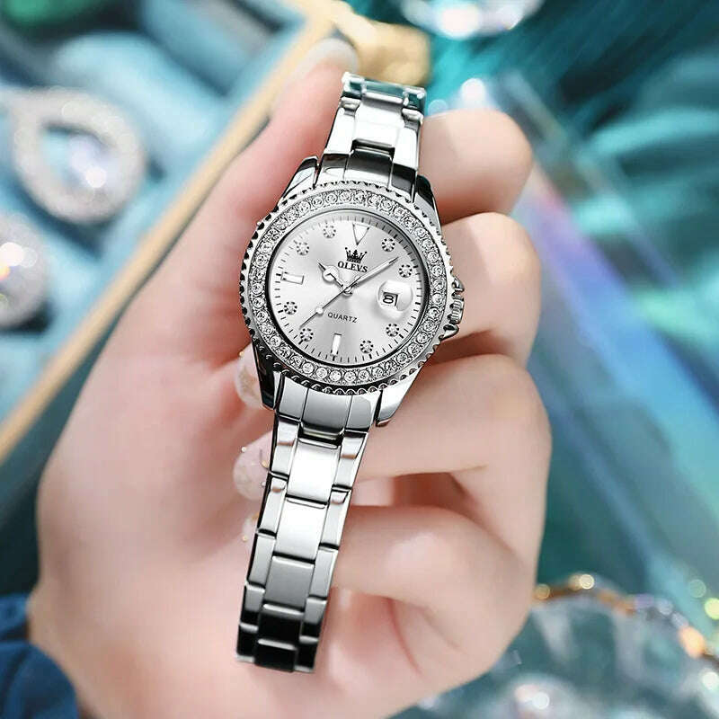 OLEVS Original Women Watch Luxury Diamond Stainless Steel Waterproof Quartz Ladies Wristwatch Luminous Femme Watches Reloj Mujer - KIMLUD