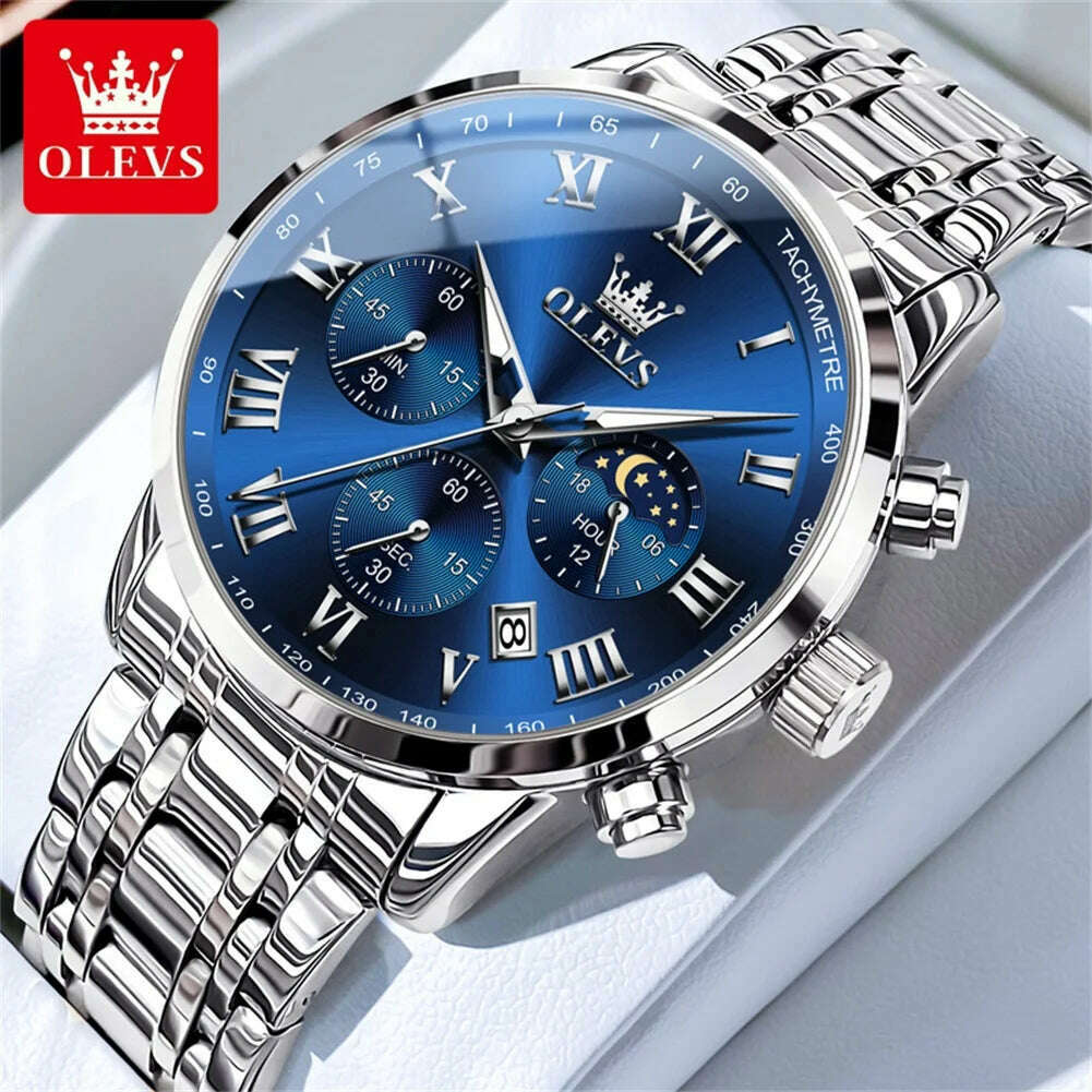 OLEVS Top Luxury Brand Men's Watches Luminous Moon Phase Stainless Steel Chronograp Calendar Quartz Watch Original Wristwatch - KIMLUD