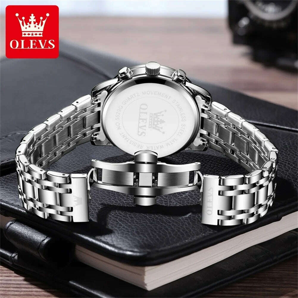 OLEVS Top Luxury Brand Men's Watches Luminous Moon Phase Stainless Steel Chronograp Calendar Quartz Watch Original Wristwatch - KIMLUD