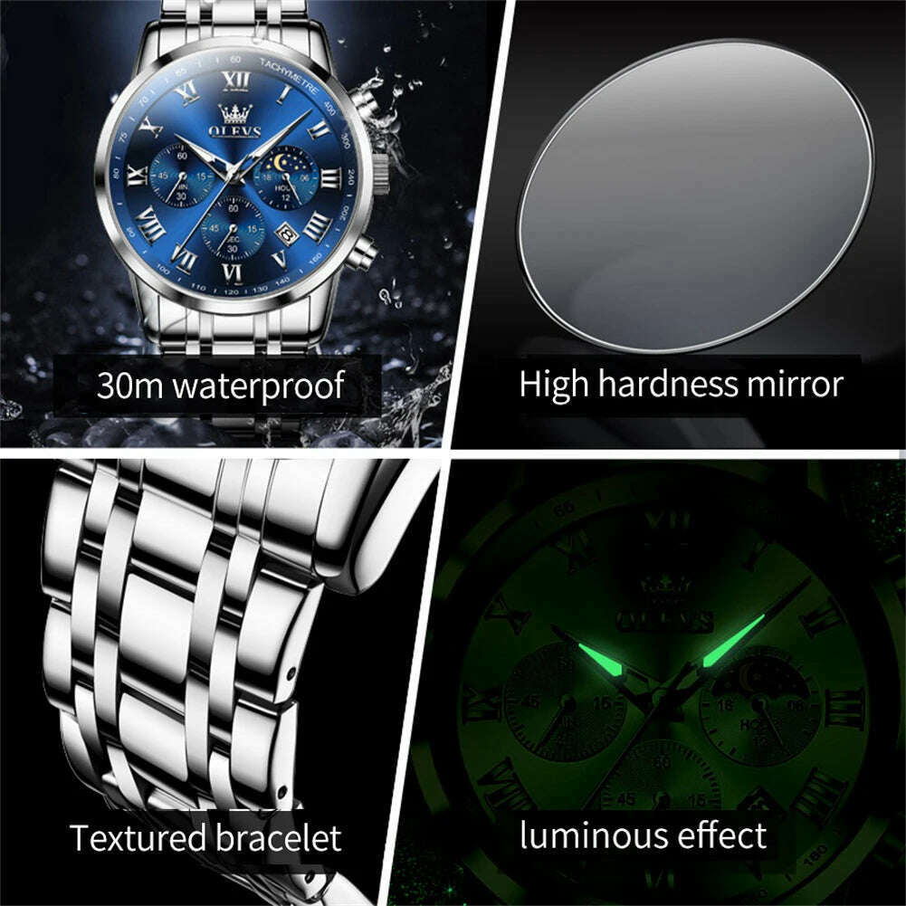 OLEVS Top Luxury Brand Men's Watches Luminous Moon Phase Stainless Steel Chronograp Calendar Quartz Watch Original Wristwatch - KIMLUD