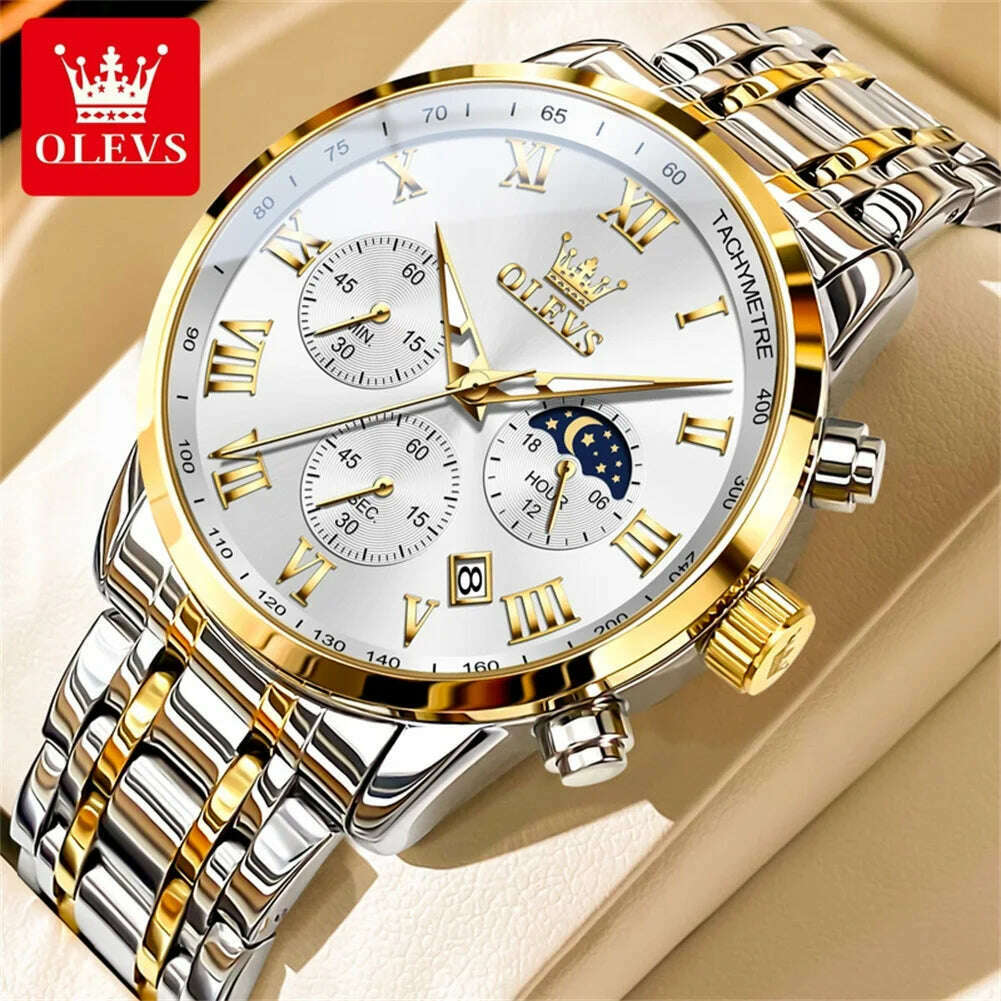 OLEVS Top Luxury Brand Men's Watches Luminous Moon Phase Stainless Steel Chronograp Calendar Quartz Watch Original Wristwatch - KIMLUD