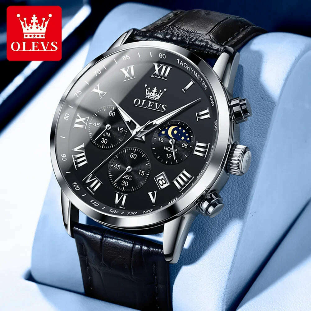 OLEVS Top Luxury Brand Men's Watches Luminous Moon Phase Stainless Steel Chronograp Calendar Quartz Watch Original Wristwatch - KIMLUD