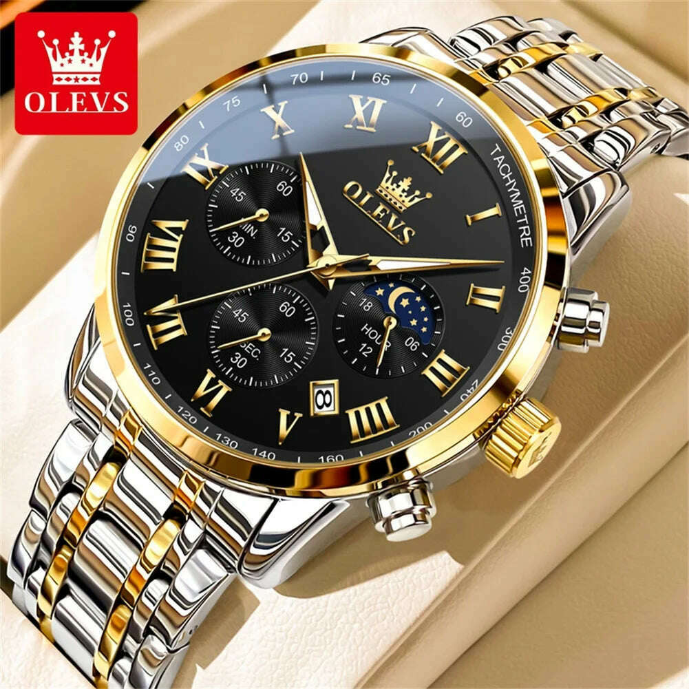 KIMLUD, OLEVS Top Luxury Brand Men's Watches Luminous Moon Phase Stainless Steel Chronograp Calendar Quartz Watch Original Wristwatch, gold black / CHINA, KIMLUD APPAREL - Womens Clothes