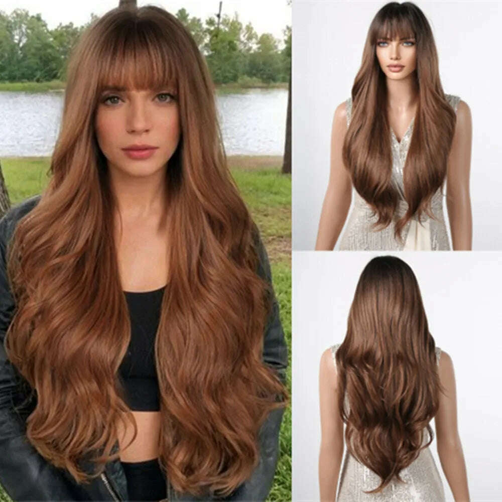 Ombre Honey Brown Synthetic Hair Wigs Long Natural Body Wavy Wig with Bangs Realistic Daily Party Soft Wig Heat Resistant Fiber - KIMLUD