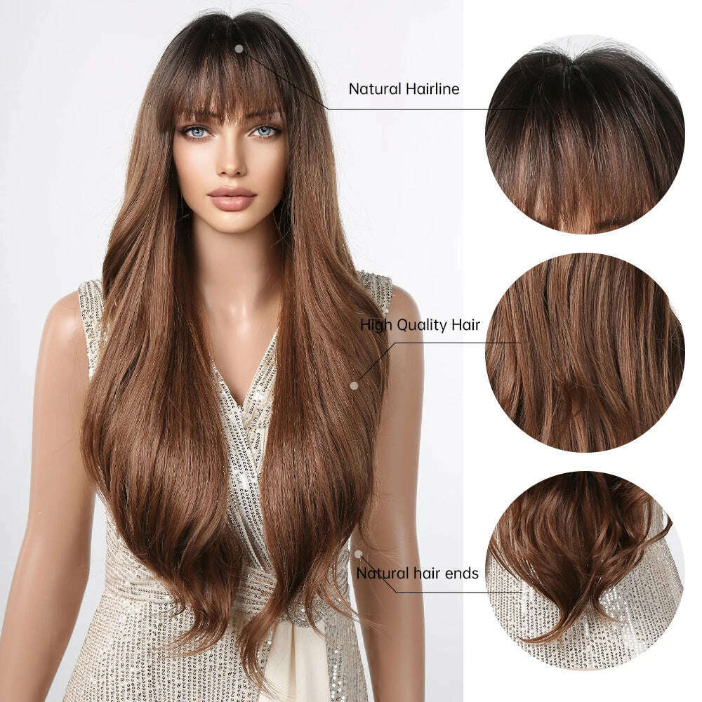 Ombre Honey Brown Synthetic Hair Wigs Long Natural Body Wavy Wig with Bangs Realistic Daily Party Soft Wig Heat Resistant Fiber - KIMLUD