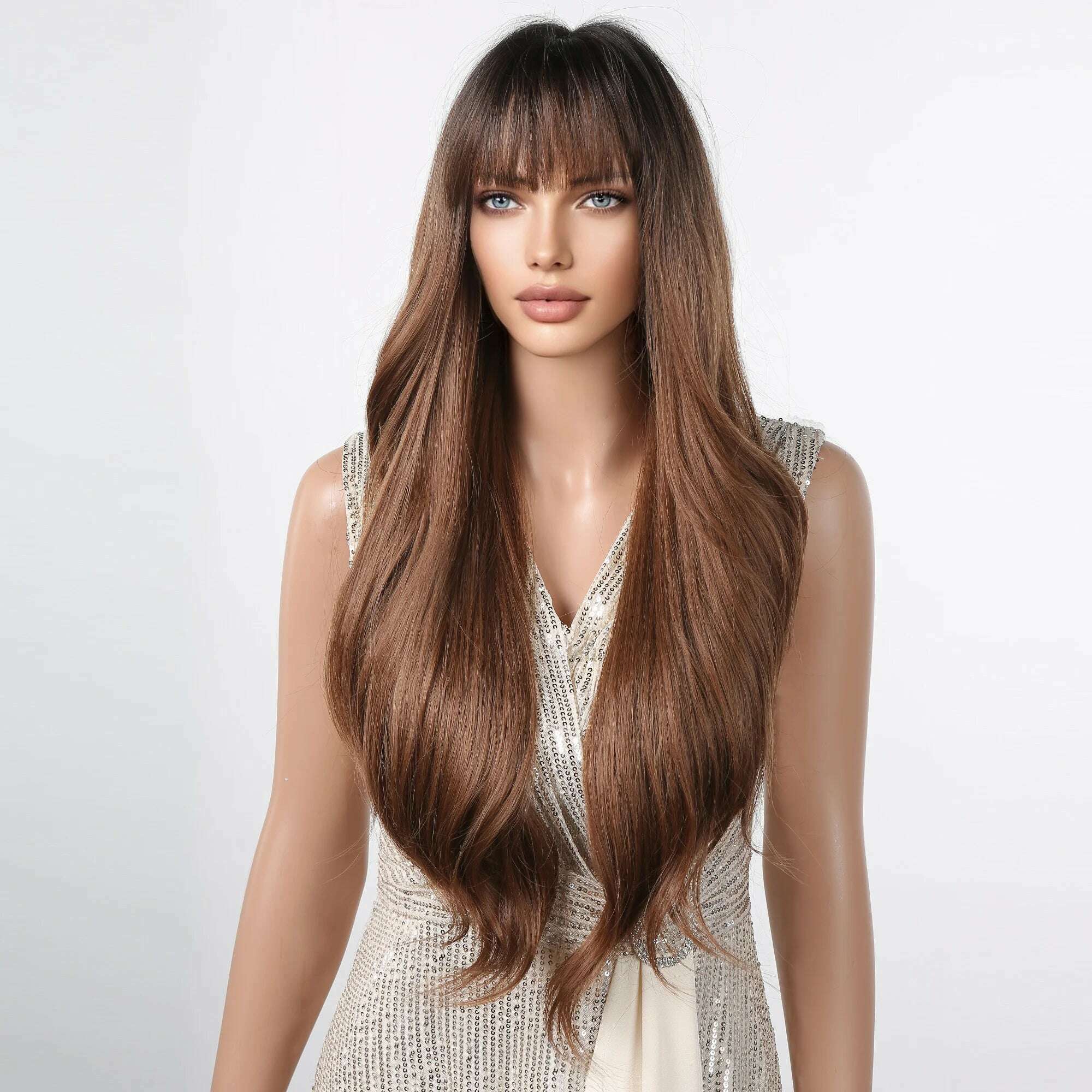 Ombre Honey Brown Synthetic Hair Wigs Long Natural Body Wavy Wig with Bangs Realistic Daily Party Soft Wig Heat Resistant Fiber - KIMLUD