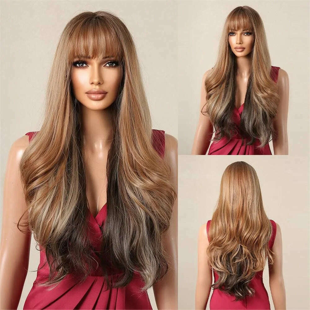 Ombre Honey Brown Synthetic Hair Wigs Long Natural Body Wavy Wig with Bangs Realistic Daily Party Soft Wig Heat Resistant Fiber - KIMLUD