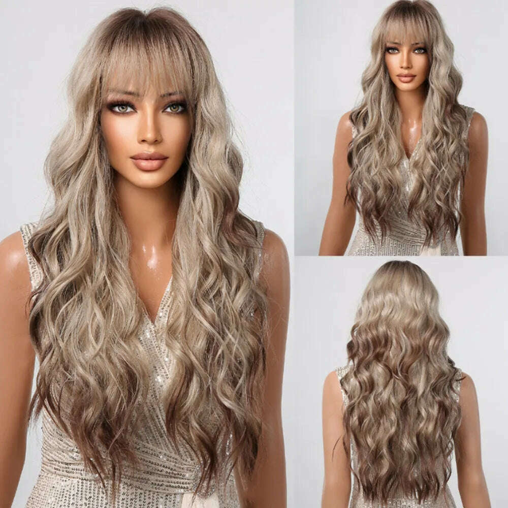 Ombre Honey Brown Synthetic Hair Wigs Long Natural Body Wavy Wig with Bangs Realistic Daily Party Soft Wig Heat Resistant Fiber - KIMLUD