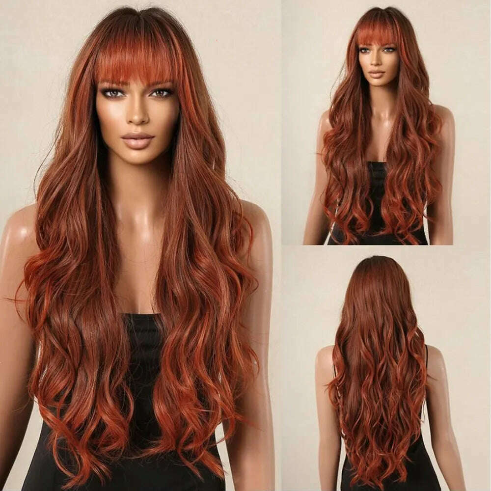 Ombre Honey Brown Synthetic Hair Wigs Long Natural Body Wavy Wig with Bangs Realistic Daily Party Soft Wig Heat Resistant Fiber - KIMLUD