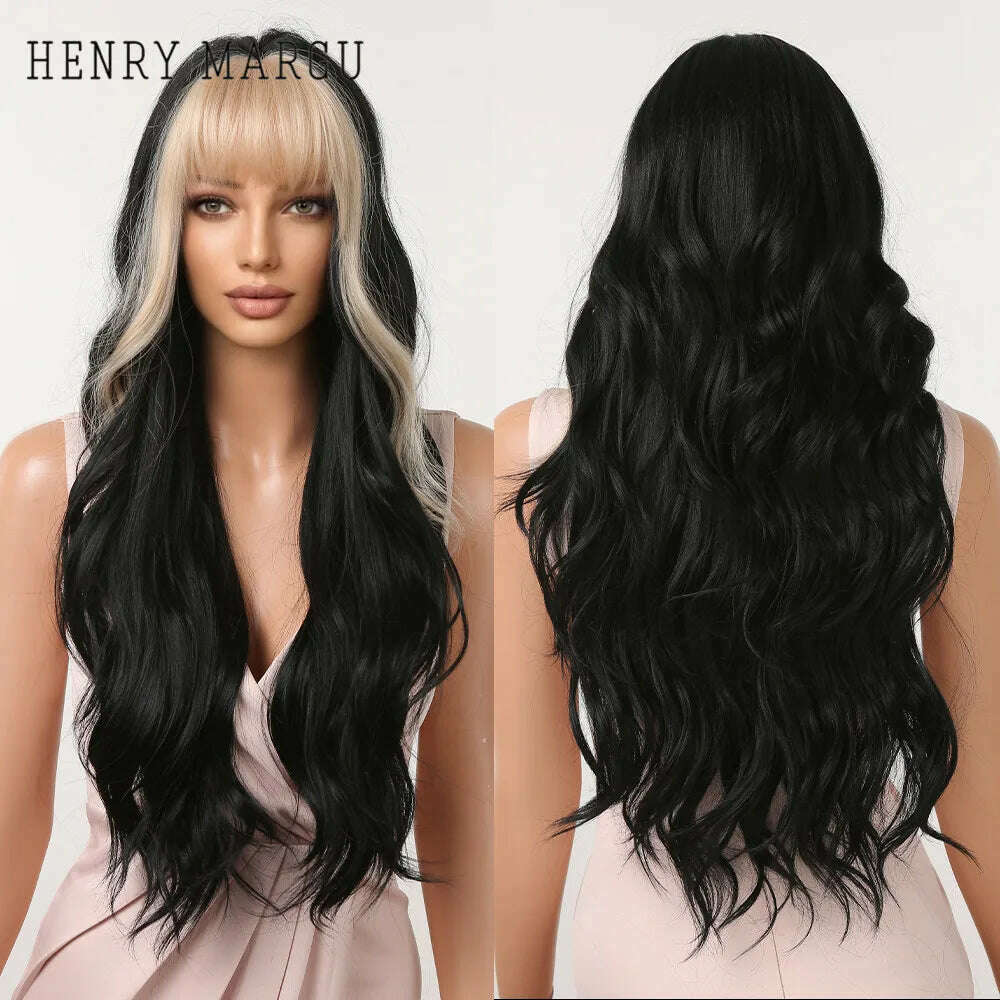 Ombre Honey Brown Synthetic Hair Wigs Long Natural Body Wavy Wig with Bangs Realistic Daily Party Soft Wig Heat Resistant Fiber - KIMLUD