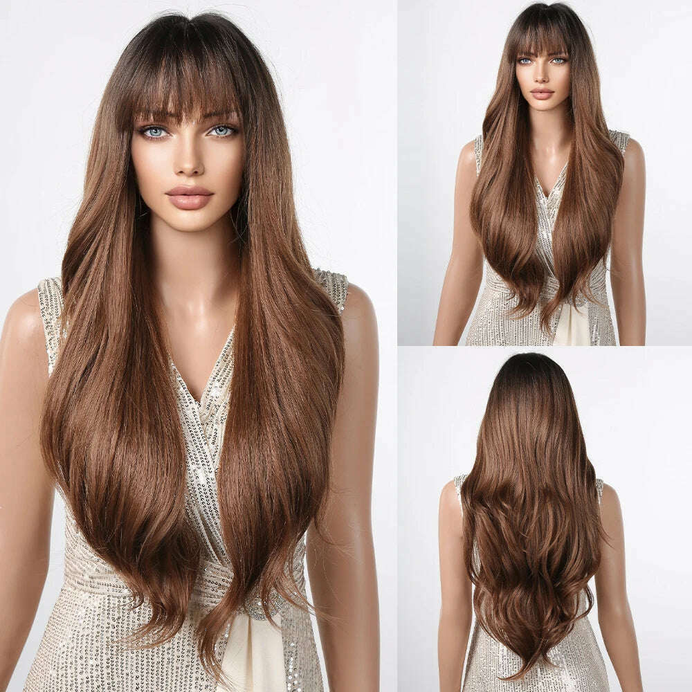 Ombre Honey Brown Synthetic Hair Wigs Long Natural Body Wavy Wig with Bangs Realistic Daily Party Soft Wig Heat Resistant Fiber - KIMLUD