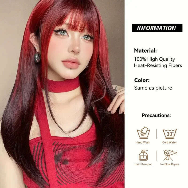 Ombre Red Black Cosplay Wigs for Women Long Straight Layered Synthetic Wigs With Bangs Lolita Party Heat Resistant Natural Hair - KIMLUD