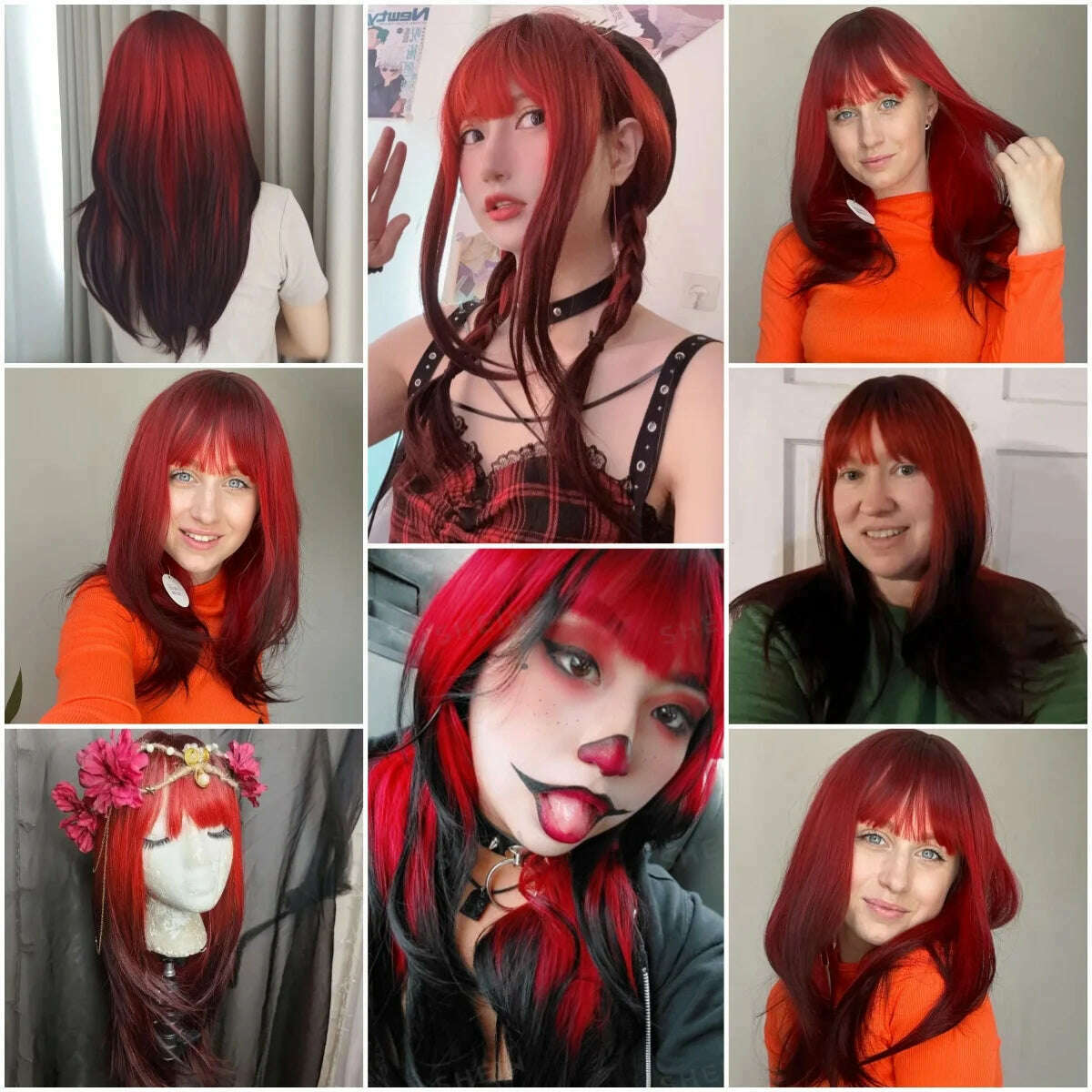 Ombre Red Black Cosplay Wigs for Women Long Straight Layered Synthetic Wigs With Bangs Lolita Party Heat Resistant Natural Hair - KIMLUD