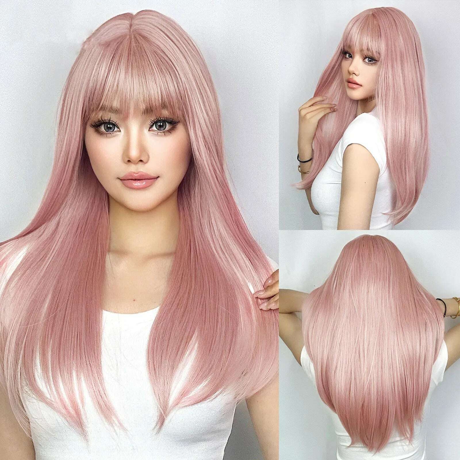 Ombre Red Black Cosplay Wigs for Women Long Straight Layered Synthetic Wigs With Bangs Lolita Party Heat Resistant Natural Hair - KIMLUD