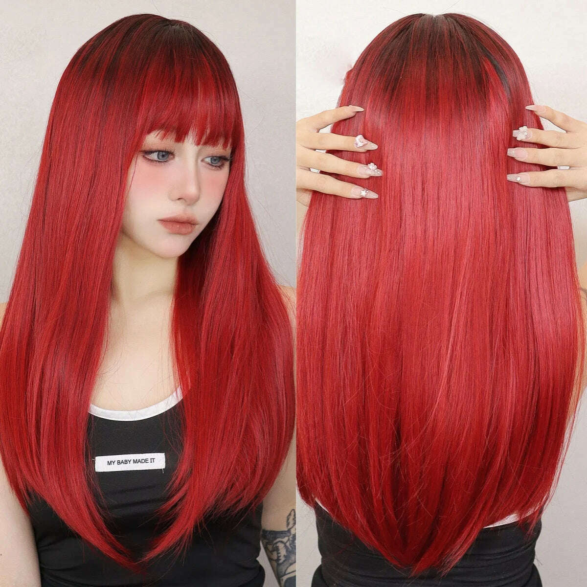 KIMLUD, Ombre Red Black Cosplay Wigs for Women Long Straight Layered Synthetic Wigs With Bangs Lolita Party Heat Resistant Natural Hair, WL1084-2, KIMLUD APPAREL - Womens Clothes