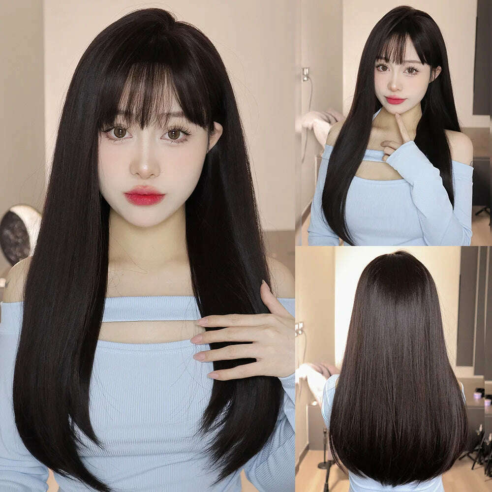 KIMLUD, Ombre Red Black Cosplay Wigs for Women Long Straight Layered Synthetic Wigs With Bangs Lolita Party Heat Resistant Natural Hair, LC8019-2, KIMLUD APPAREL - Womens Clothes