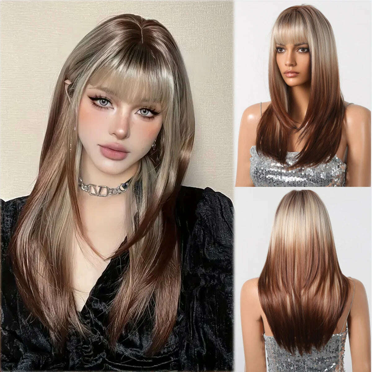 Ombre Red Black Cosplay Wigs for Women Long Straight Layered Synthetic Wigs With Bangs Lolita Party Heat Resistant Natural Hair - KIMLUD