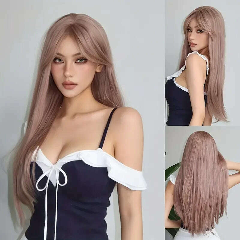 Ombre Red Black Cosplay Wigs for Women Long Straight Layered Synthetic Wigs With Bangs Lolita Party Heat Resistant Natural Hair - KIMLUD