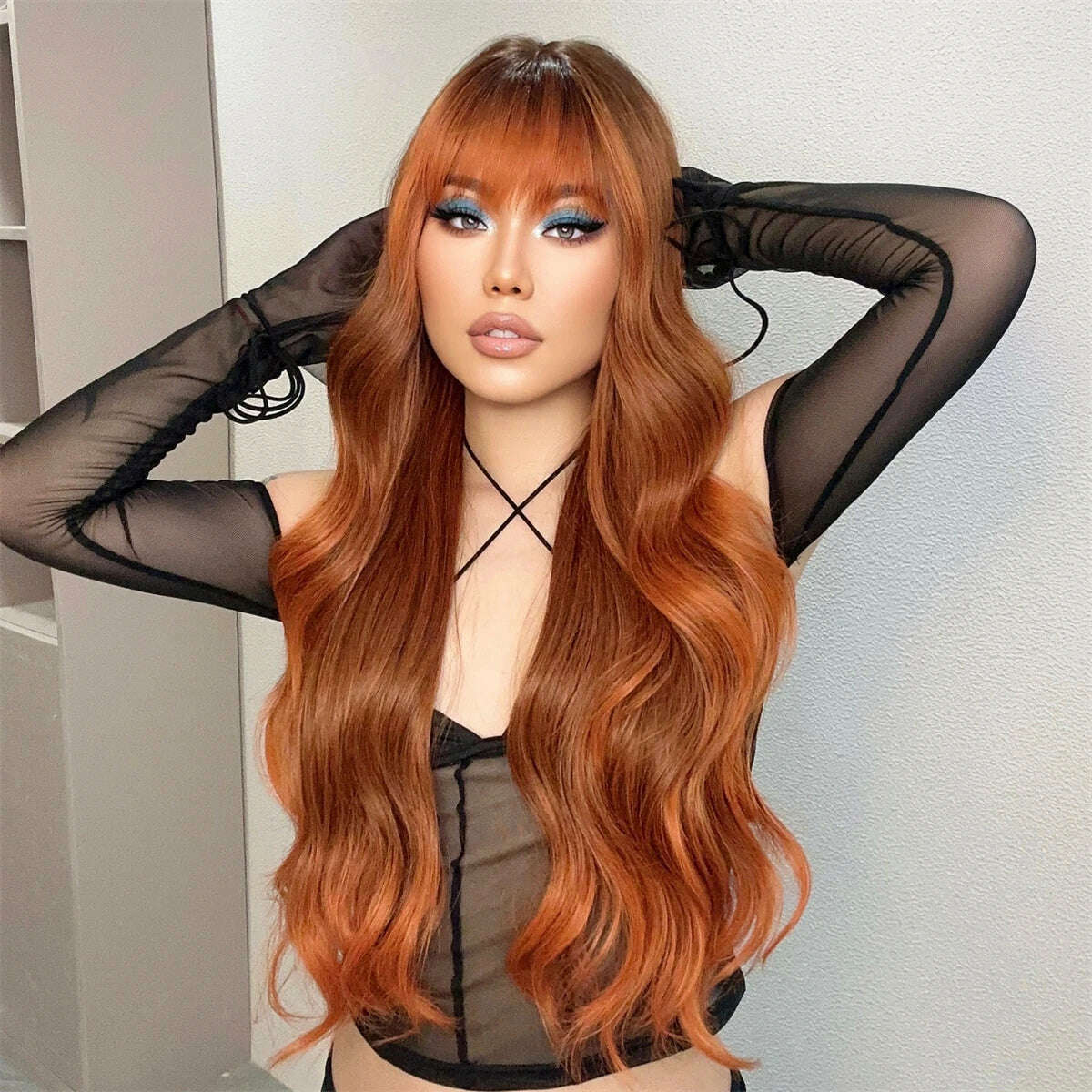 KIMLUD, Ombre Red Brown Synthetic Wig with Bangs Long Wavy Copper Brown Women Wigs Natural Hair Cosplay Daily Use Wig Heat Resistant, KIMLUD Womens Clothes