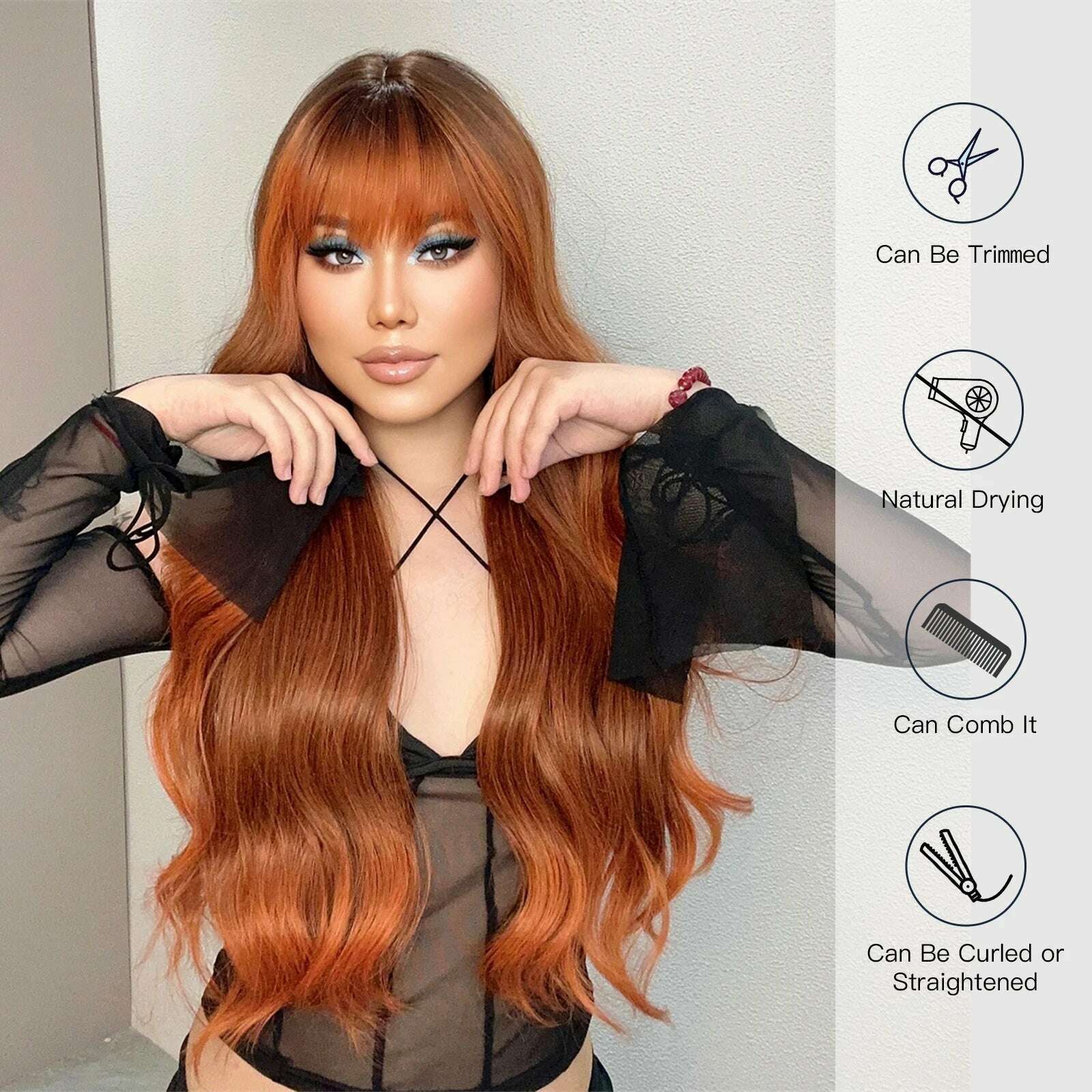 KIMLUD, Ombre Red Brown Synthetic Wig with Bangs Long Wavy Copper Brown Women Wigs Natural Hair Cosplay Daily Use Wig Heat Resistant, KIMLUD Womens Clothes