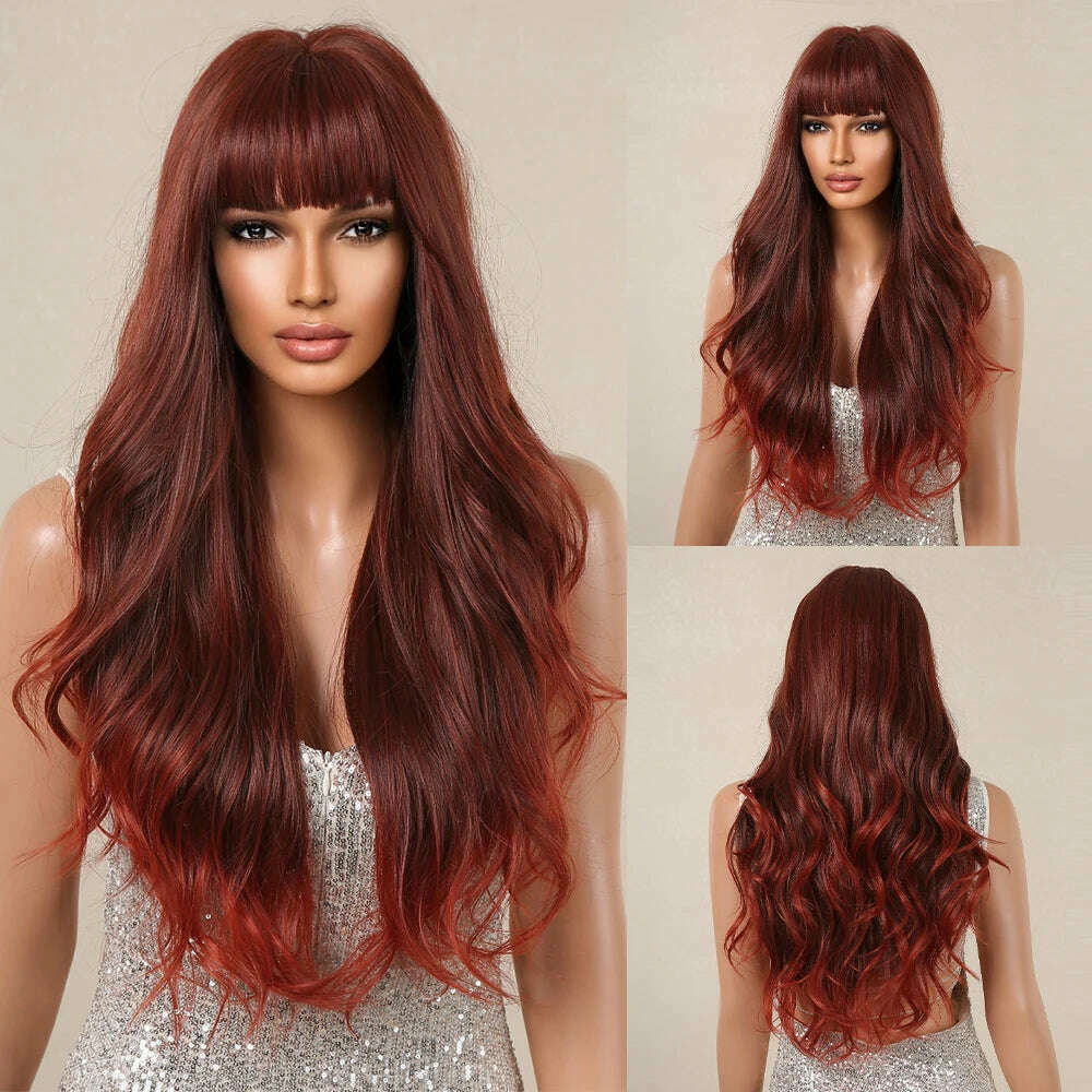 KIMLUD, Ombre Red Brown Synthetic Wig with Bangs Long Wavy Copper Brown Women Wigs Natural Hair Cosplay Daily Use Wig Heat Resistant, LC2128-1, KIMLUD APPAREL - Womens Clothes