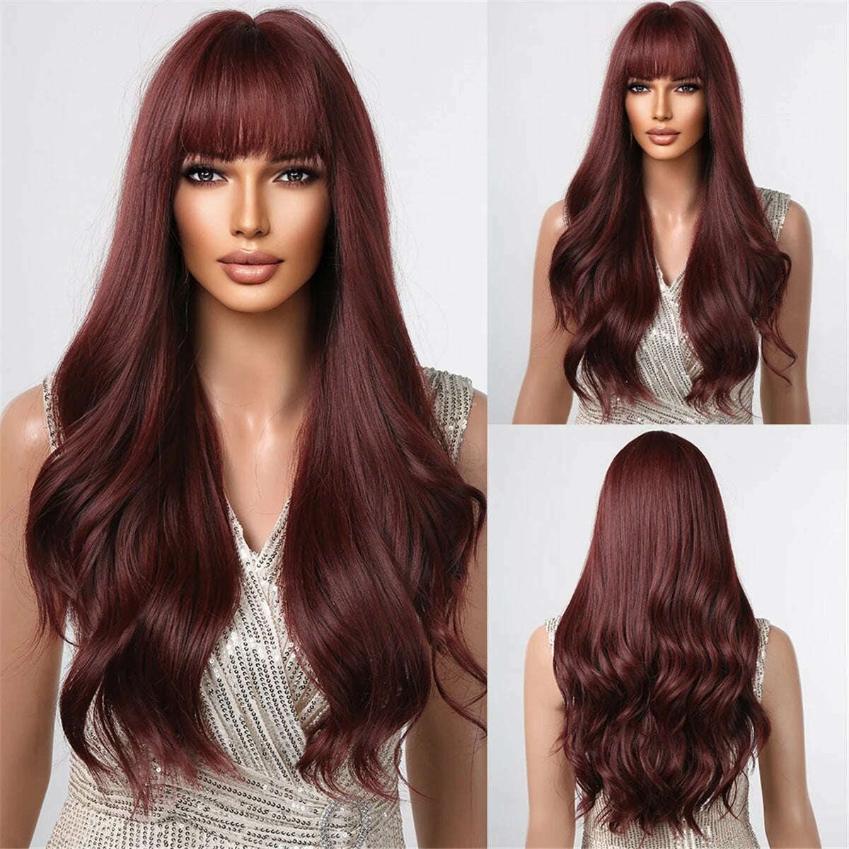 KIMLUD, Ombre Red Brown Synthetic Wig with Bangs Long Wavy Copper Brown Women Wigs Natural Hair Cosplay Daily Use Wig Heat Resistant, LC2109-1, KIMLUD APPAREL - Womens Clothes