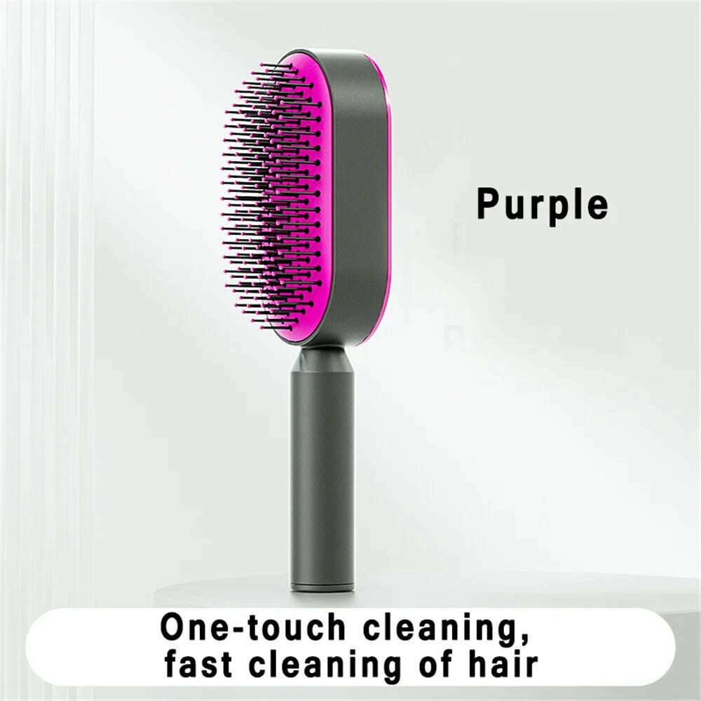 KIMLUD, One-Key Quick Self Cleaning Hair Brush Women Massage Comb Hair Brush Air Cushion Detangling Scalp Massage Comb Styling Tools, Purple Comb, KIMLUD APPAREL - Womens Clothes