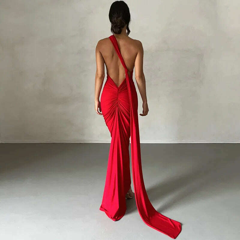 KIMLUD, One Shoulder Backless Adjustable Scarf Loop Ruched Sexy Maxi Dress 2024 Women Elegant Y2K Vintage Dress Fashion Summer Robe Size, Style1 red / M, KIMLUD APPAREL - Womens Clothes