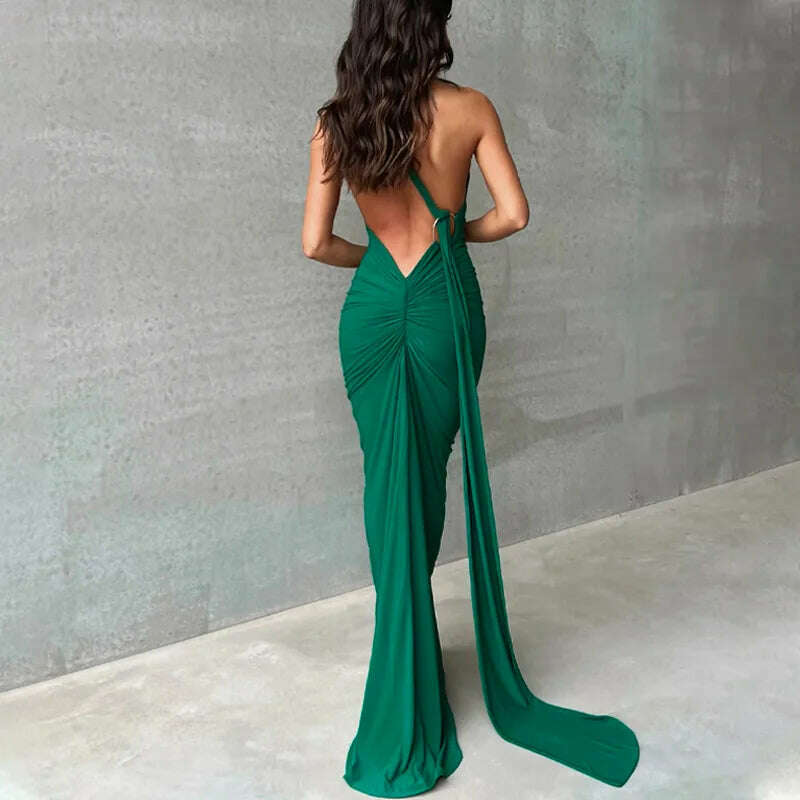 KIMLUD, One Shoulder Backless Adjustable Scarf Loop Ruched Sexy Maxi Dress 2024 Women Elegant Y2K Vintage Dress Fashion Summer Robe Size, Style1  green / S, KIMLUD APPAREL - Womens Clothes