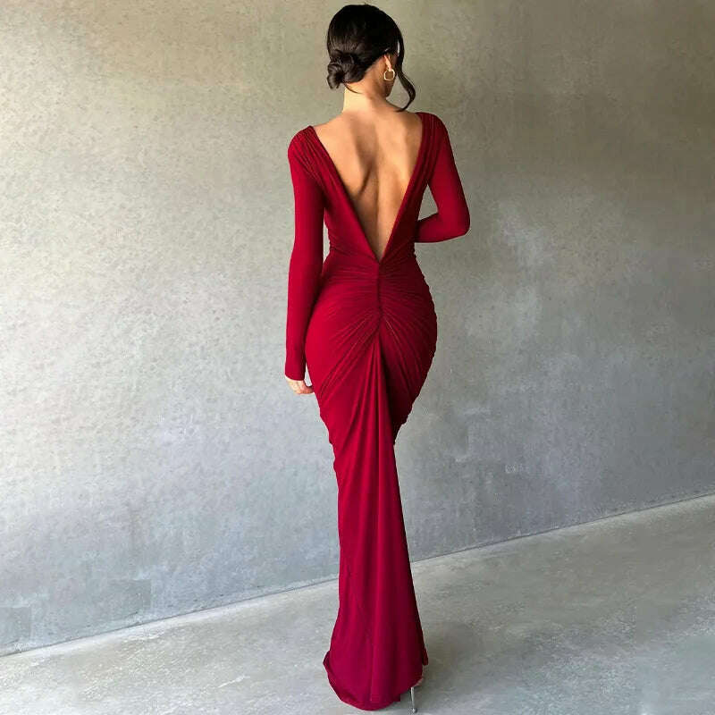 KIMLUD, One Shoulder Backless Adjustable Scarf Loop Ruched Sexy Maxi Dress 2024 Women Elegant Y2K Vintage Dress Fashion Summer Robe Size, Style2 red / S, KIMLUD APPAREL - Womens Clothes