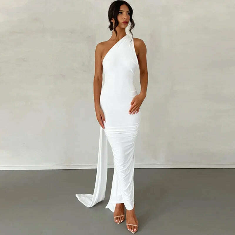 KIMLUD, One Shoulder Backless Adjustable Scarf Loop Ruched Sexy Maxi Dress 2024 Women Elegant Y2K Vintage Dress Fashion Summer Robe Size, Style1 white / L, KIMLUD APPAREL - Womens Clothes