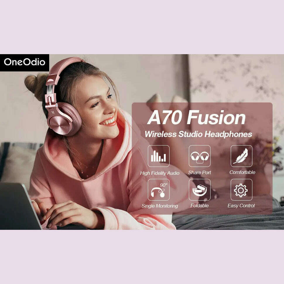 Oneodio A70 Wireless Headphones Sport Bluetooth 5.2 Earphone Over Ear Handsfree Headset With Microphone For Phone Rose Gold - KIMLUD