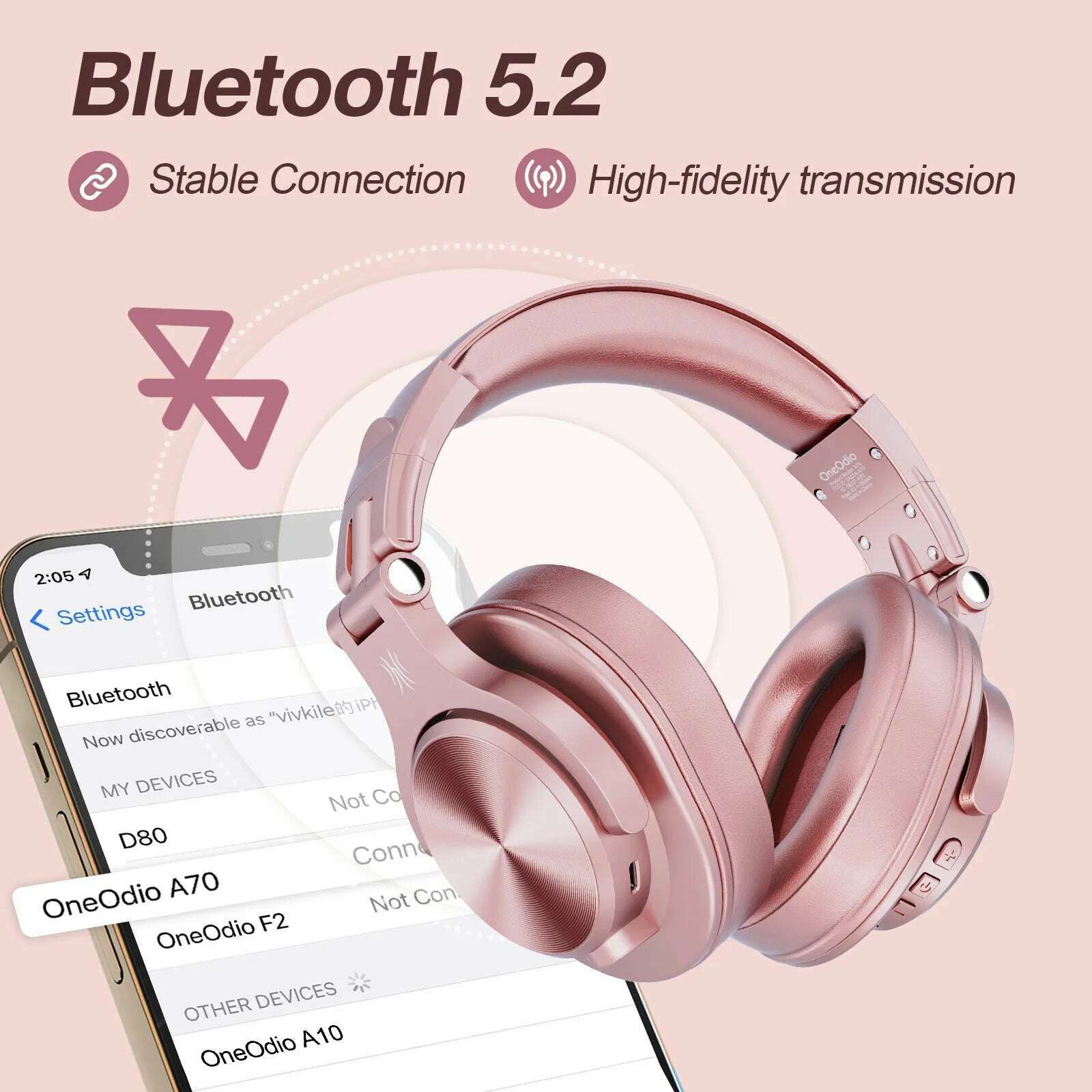 Oneodio A70 Wireless Headphones Sport Bluetooth 5.2 Earphone Over Ear Handsfree Headset With Microphone For Phone Rose Gold - KIMLUD