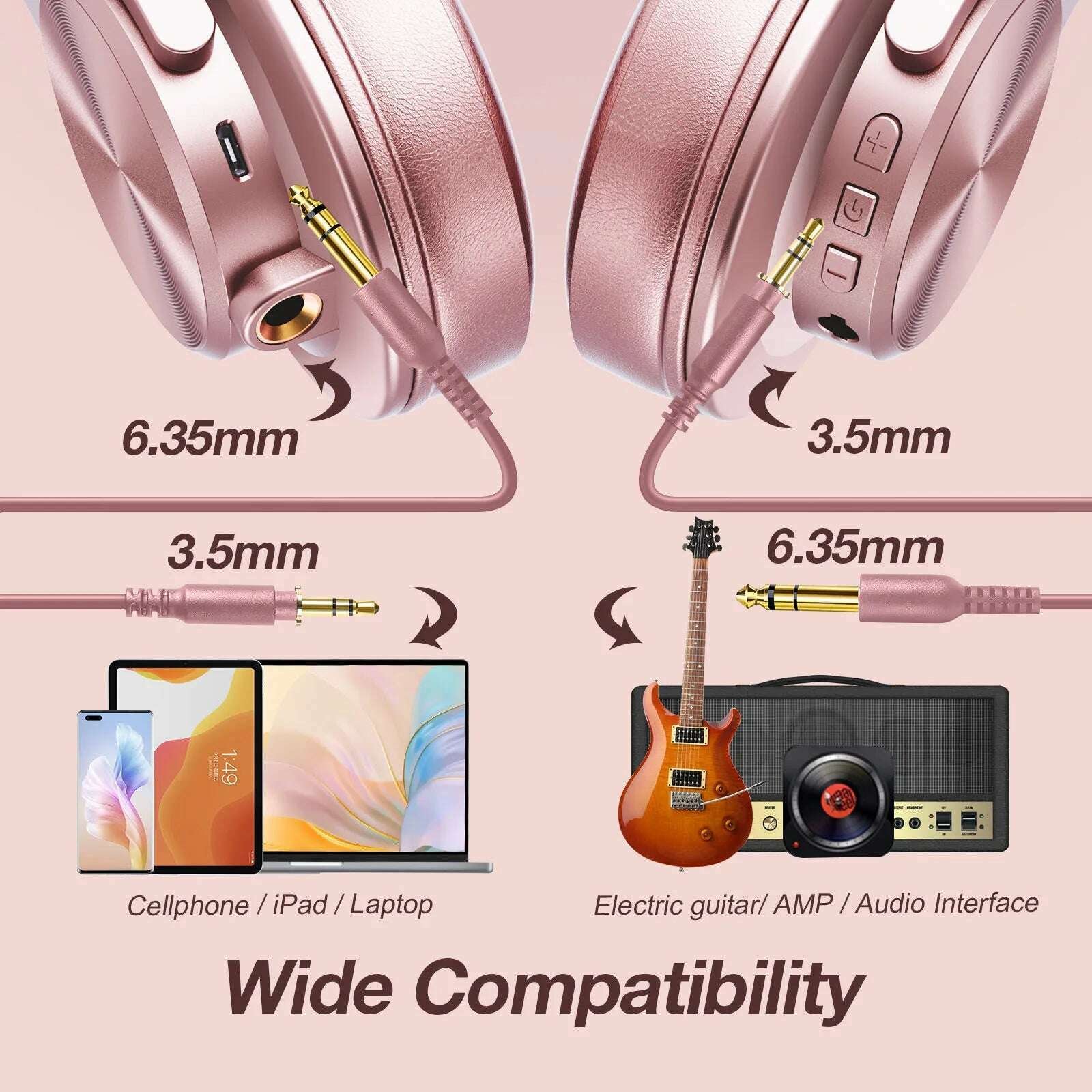 Oneodio A70 Wireless Headphones Sport Bluetooth 5.2 Earphone Over Ear Handsfree Headset With Microphone For Phone Rose Gold - KIMLUD