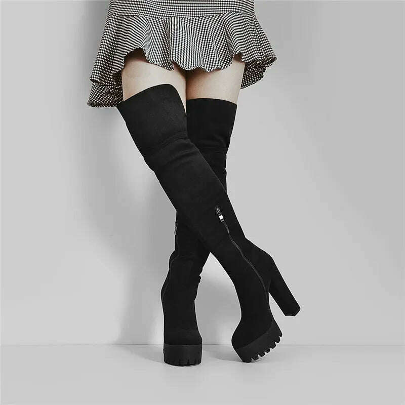 KIMLUD, Onlymaker Over The Knee  Boots Women Black Platform High Heel Stiletto  High Zipper Plus Size Handmade Boots, KIMLUD Womens Clothes