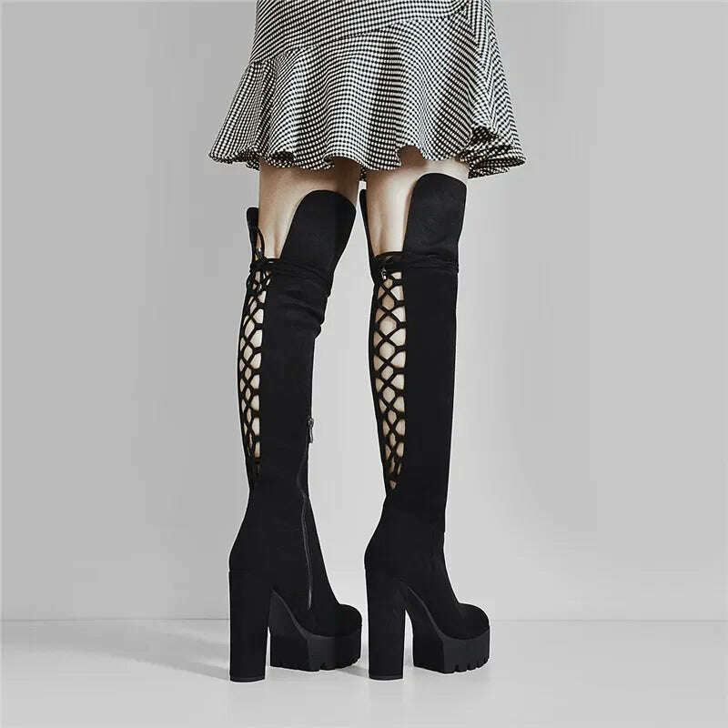 Onlymaker Over The Knee Boots Women Black Platform High Heel Stiletto High Zipper Plus Size Handmade Boots - KIMLUD