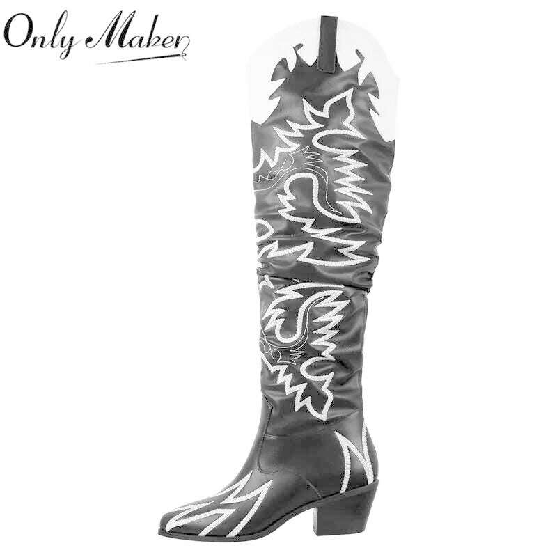 Onlymaker Woman Knee High Boots Western Cowboy Boots Wide Calf Embroidered Women Pointed Toe Block Heel Pull-On Cowgirl Boots - KIMLUD