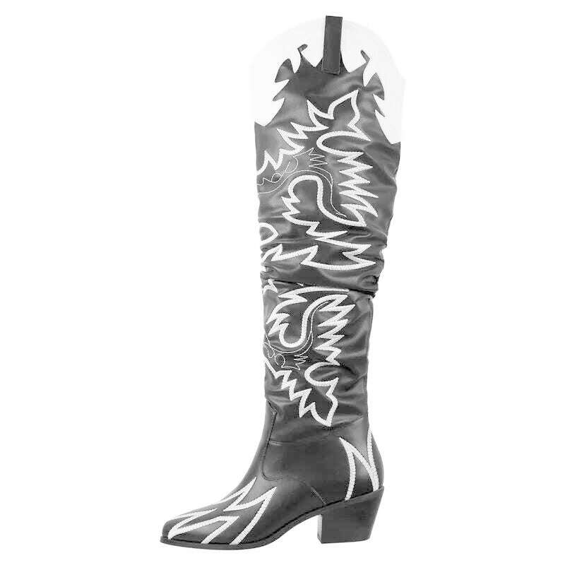 Onlymaker Woman Knee High Boots Western Cowboy Boots Wide Calf Embroidered Women Pointed Toe Block Heel Pull-On Cowgirl Boots - KIMLUD