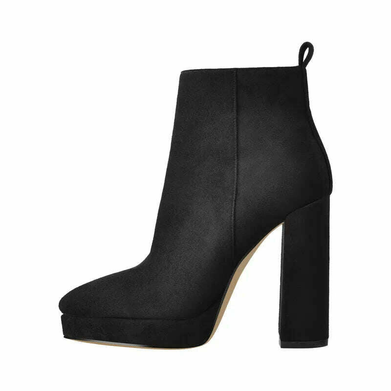 KIMLUD, Onlymaker Women Ankle Boots Pointed Toe Black Matte Flock 12CM Chunky Heel Platform Booties Party Shoes Large Size Short Boots, KX200801B / 5, KIMLUD APPAREL - Womens Clothes