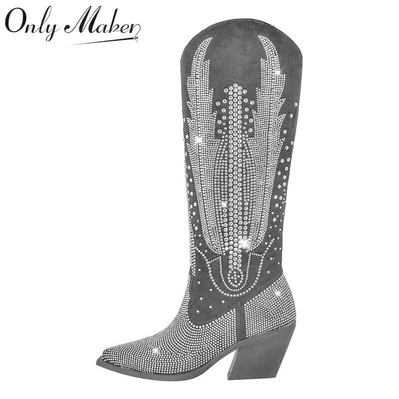 Onlymaker Women Black Knee High Rhinestone Boots Western Cowboy Boots Glitter Bling Shiny Block Heel Handmade Boots - KIMLUD