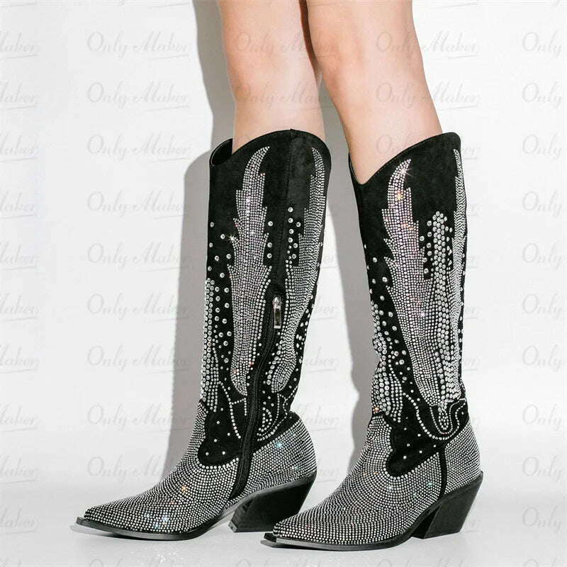 Onlymaker Women Black Knee High Rhinestone Boots Western Cowboy Boots Glitter Bling Shiny Block Heel Handmade Boots - KIMLUD