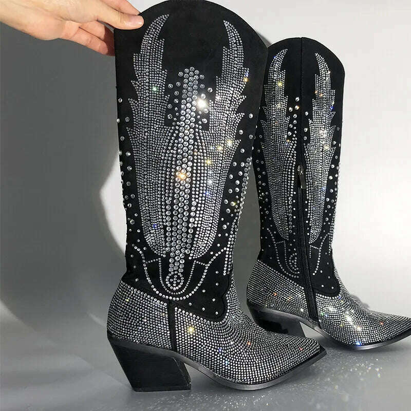 Onlymaker Women Black Knee High Rhinestone Boots Western Cowboy Boots Glitter Bling Shiny Block Heel Handmade Boots - KIMLUD