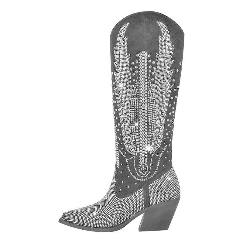 Onlymaker Women Black Knee High Rhinestone Boots Western Cowboy Boots Glitter Bling Shiny Block Heel Handmade Boots - KIMLUD