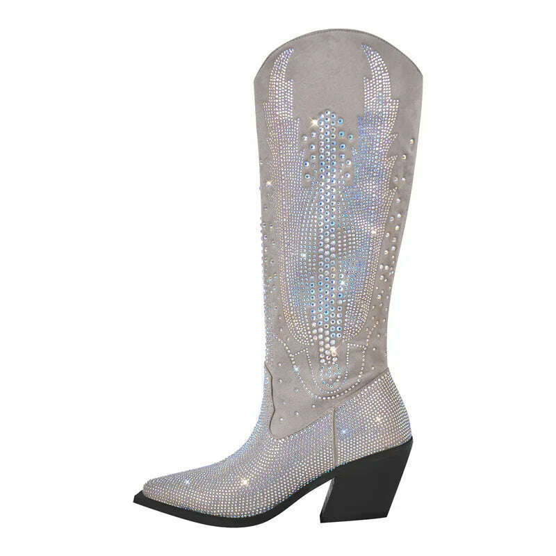 KIMLUD, Onlymaker Women Black Knee High Rhinestone Boots Western Cowboy Boots Glitter Bling Shiny Block Heel Handmade Boots, CD230369C / 5, KIMLUD APPAREL - Womens Clothes