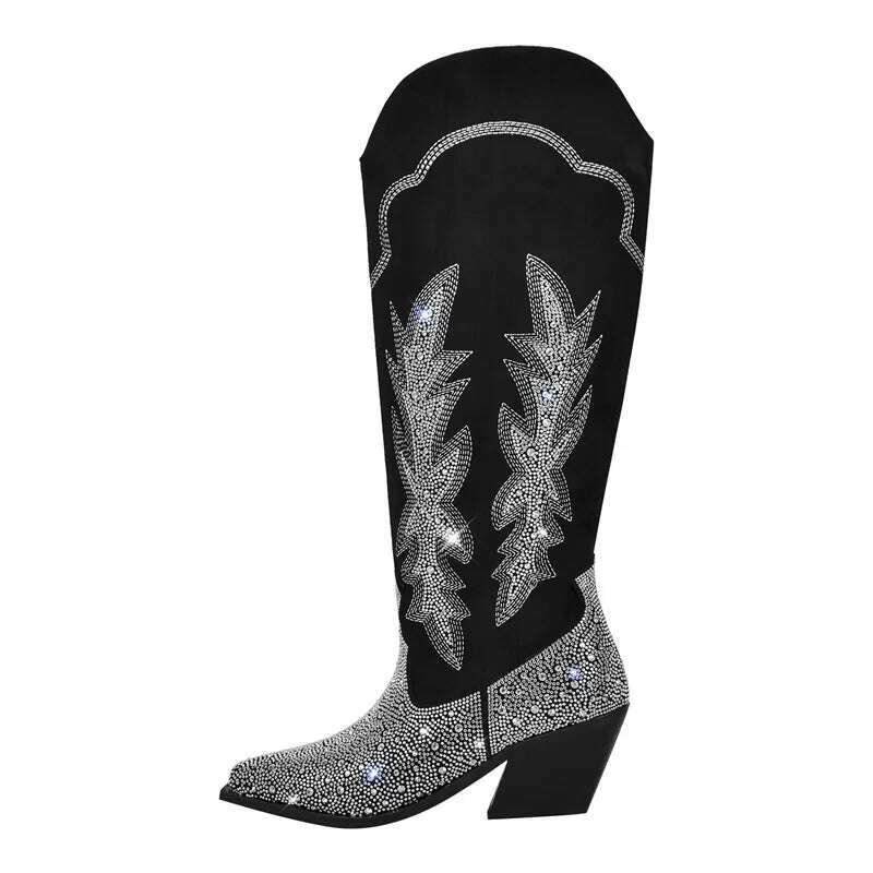 Onlymaker Women Black Knee High Rhinestone Boots Western Cowboy Boots Glitter Bling Shiny Block Heel Handmade Boots - KIMLUD